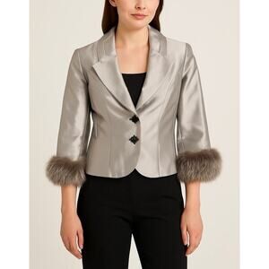 Kay Unger Metallic Silver Blazer Jacket with Faux Fur Cuffs – Size 10